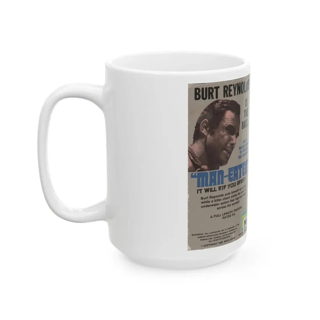 MAN EATER BURT REYNOLDS (VHS COVER) - White Coffee Mug - Go Mug Yourself