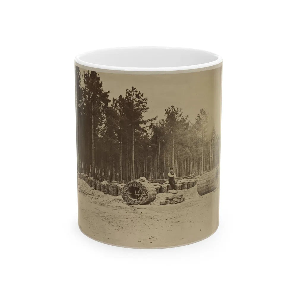 Man Seated On Gabions In Engineer Camp In Front Of Petersburg, Virginia (U.S. Civil War) White Coffee Mug-11oz-Go Mug Yourself