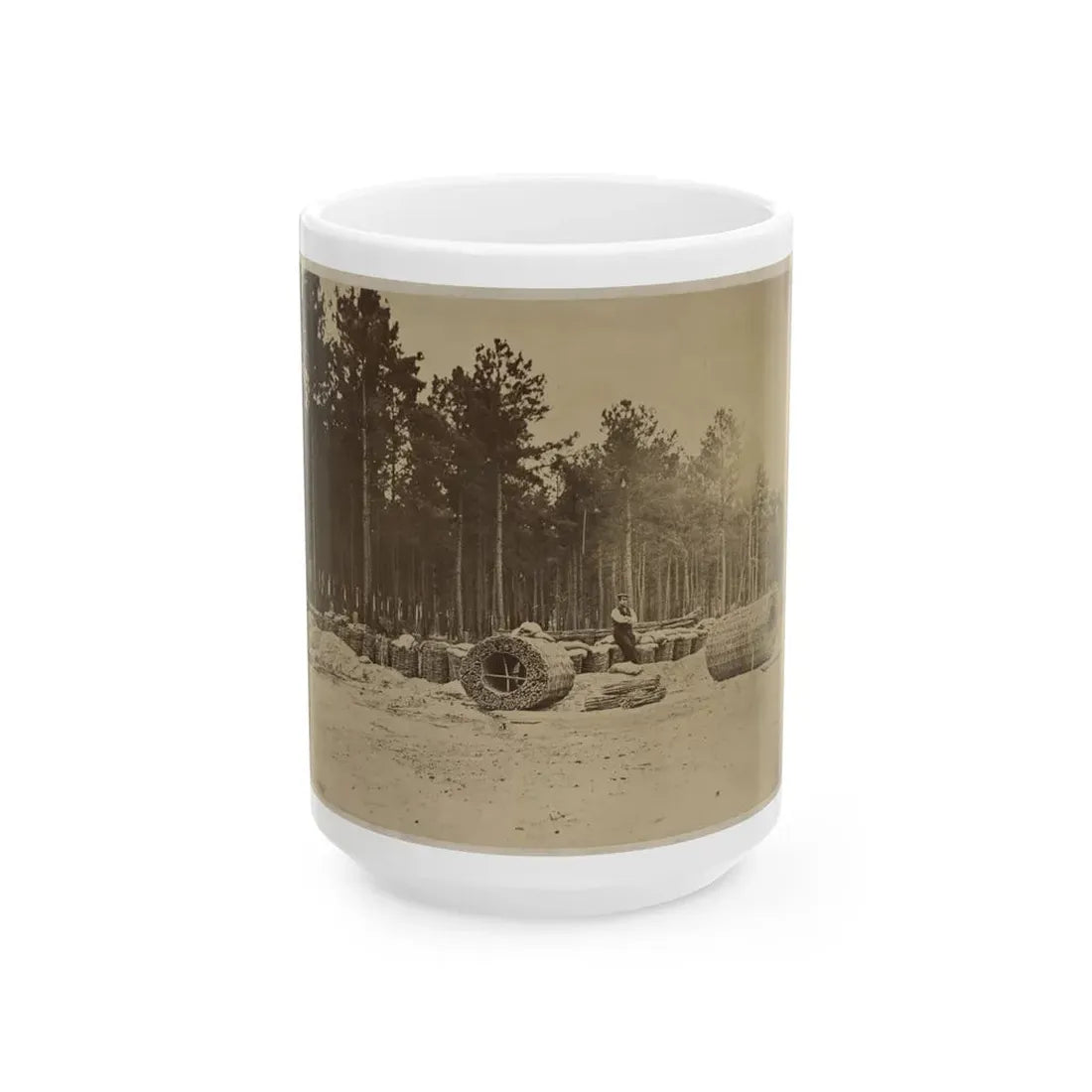 Man Seated On Gabions In Engineer Camp In Front Of Petersburg, Virginia (U.S. Civil War) White Coffee Mug 15oz - Go Mug Yourself