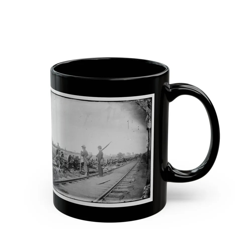 Manassas Junction, Va. Soldiers Beside Damaged Rolling Stock Of The Orange & Alexandria Railroad (U.S. Civil War) Black Coffee Mug-Go Mug Yourself