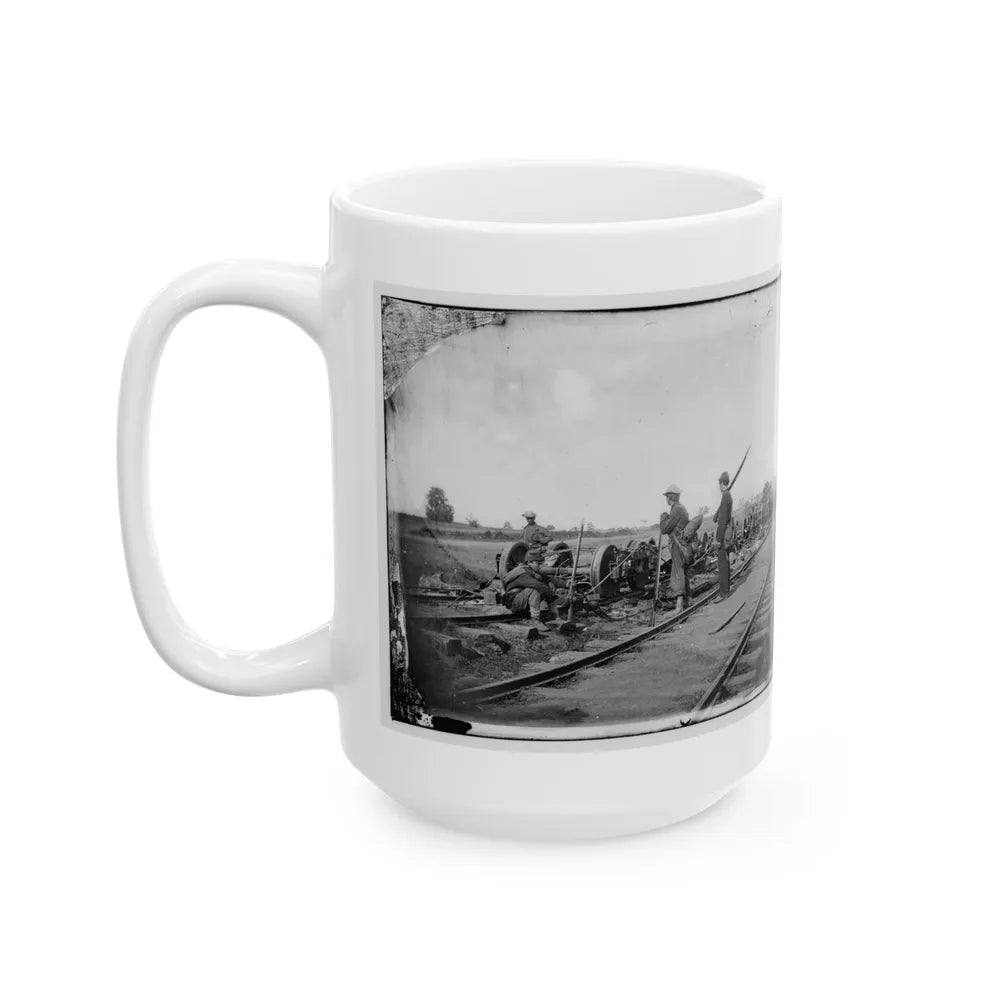 Manassas Junction, Va. Soldiers Beside Damaged Rolling Stock Of The Orange & Alexandria Railroad (U.S. Civil War) White Coffee Mug-Go Mug Yourself