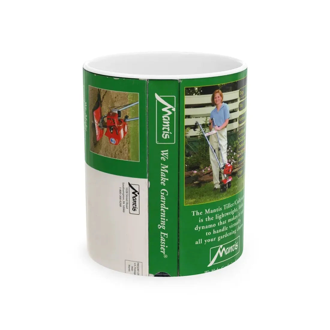 MANTIS WE MAKE GARDENING EASIER (VHS COVER) - White Coffee Mug 11oz - Go Mug Yourself