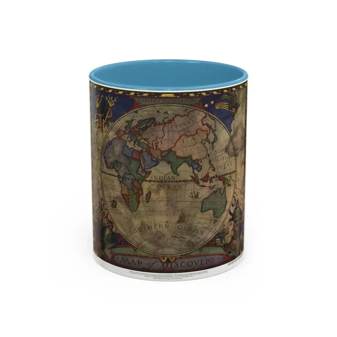 Map of Discovery- Eastern Hemisphere (1928) (Map) Accent Coffee Mug 11oz Light Blue - Go Mug Yourself