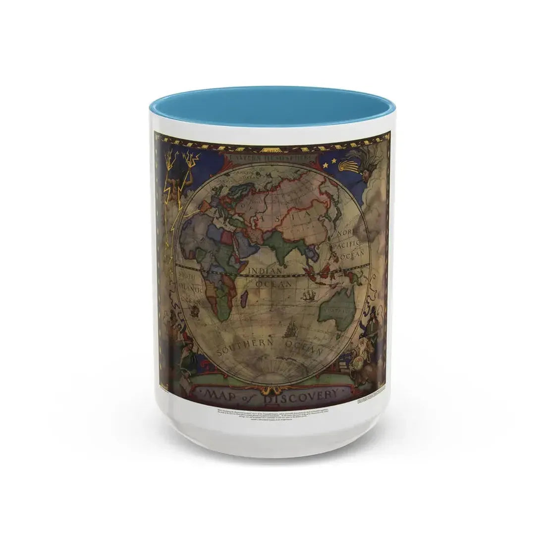 Map of Discovery- Eastern Hemisphere (1928) (Map) Accent Coffee Mug 15oz Light Blue - Go Mug Yourself