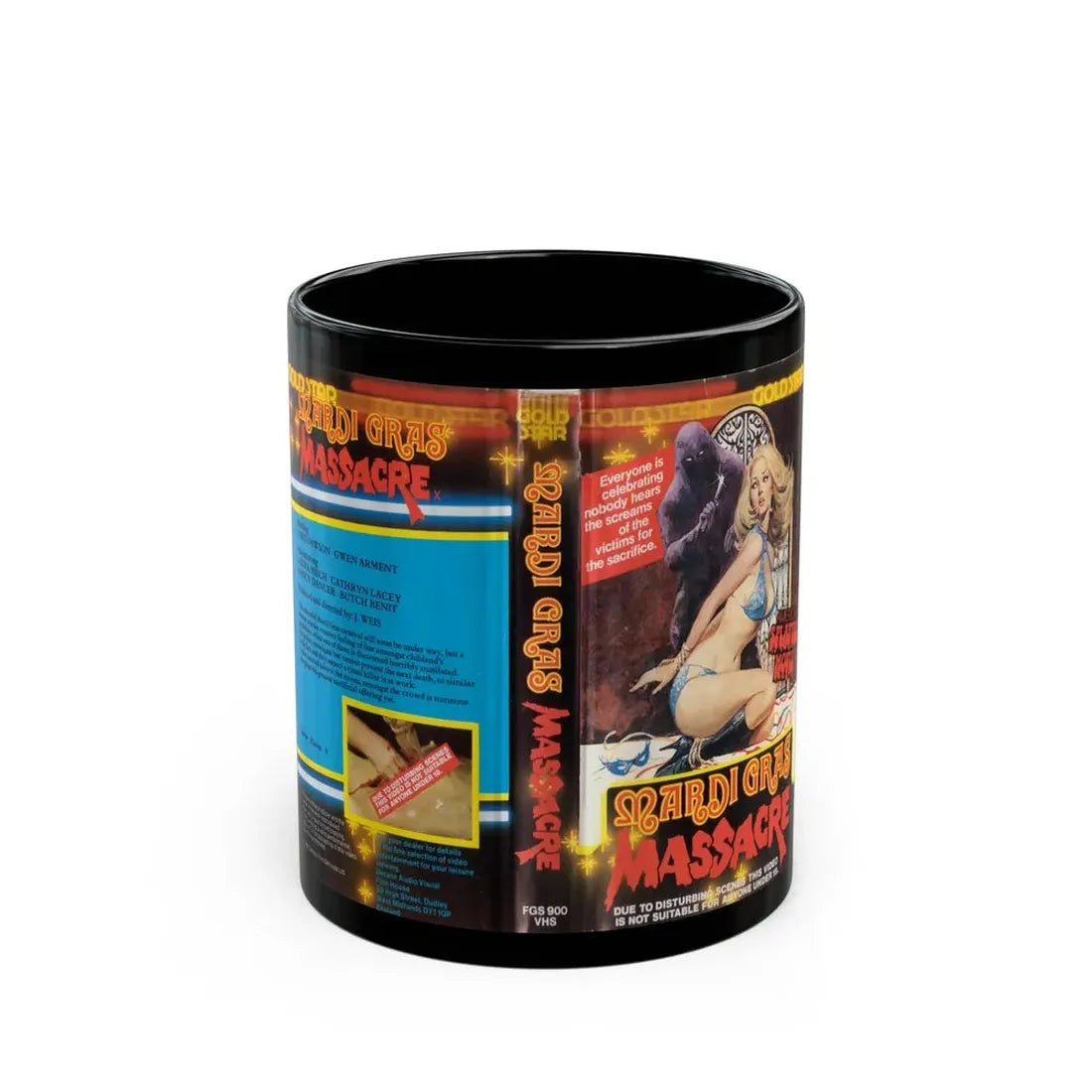 MARDI GRAS MASSACRE GOLD STAR VIDEO (VHS COVER) - Black Coffee Mug 11oz - Go Mug Yourself