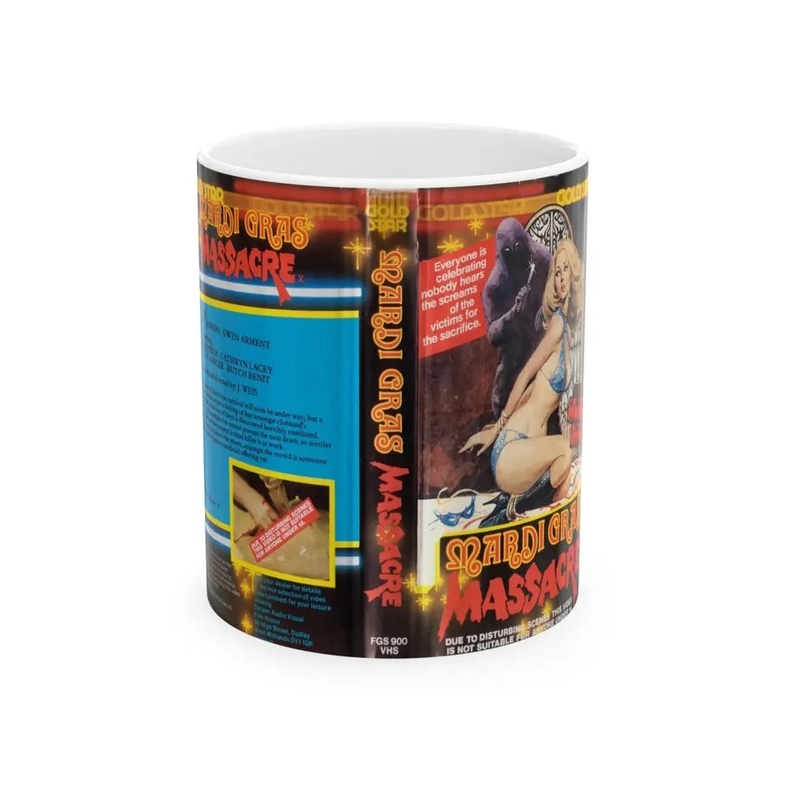 MARDI GRAS MASSACRE GOLD STAR VIDEO (VHS COVER) - White Coffee Mug 11oz - Go Mug Yourself