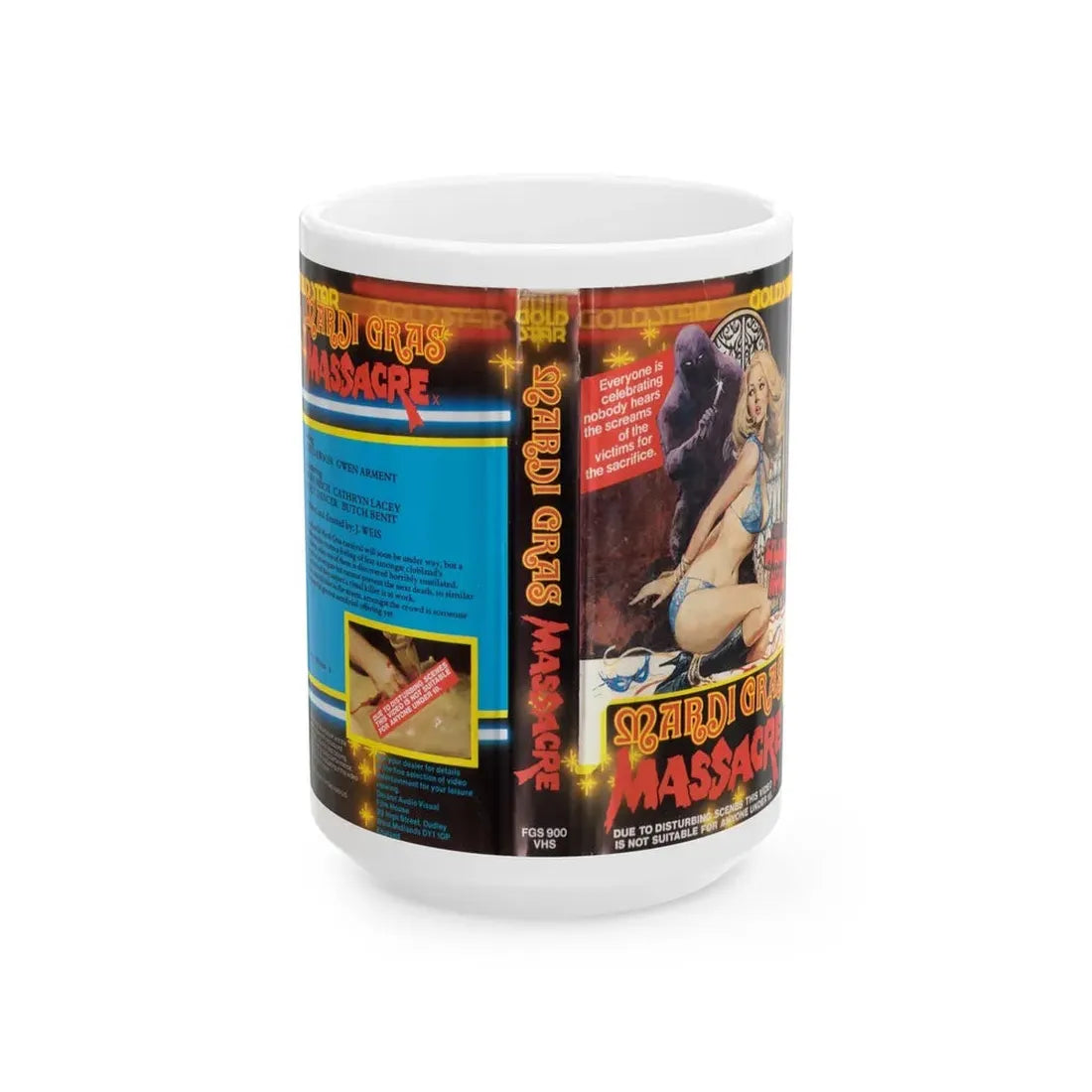 MARDI GRAS MASSACRE GOLD STAR VIDEO (VHS COVER) - White Coffee Mug 15oz - Go Mug Yourself