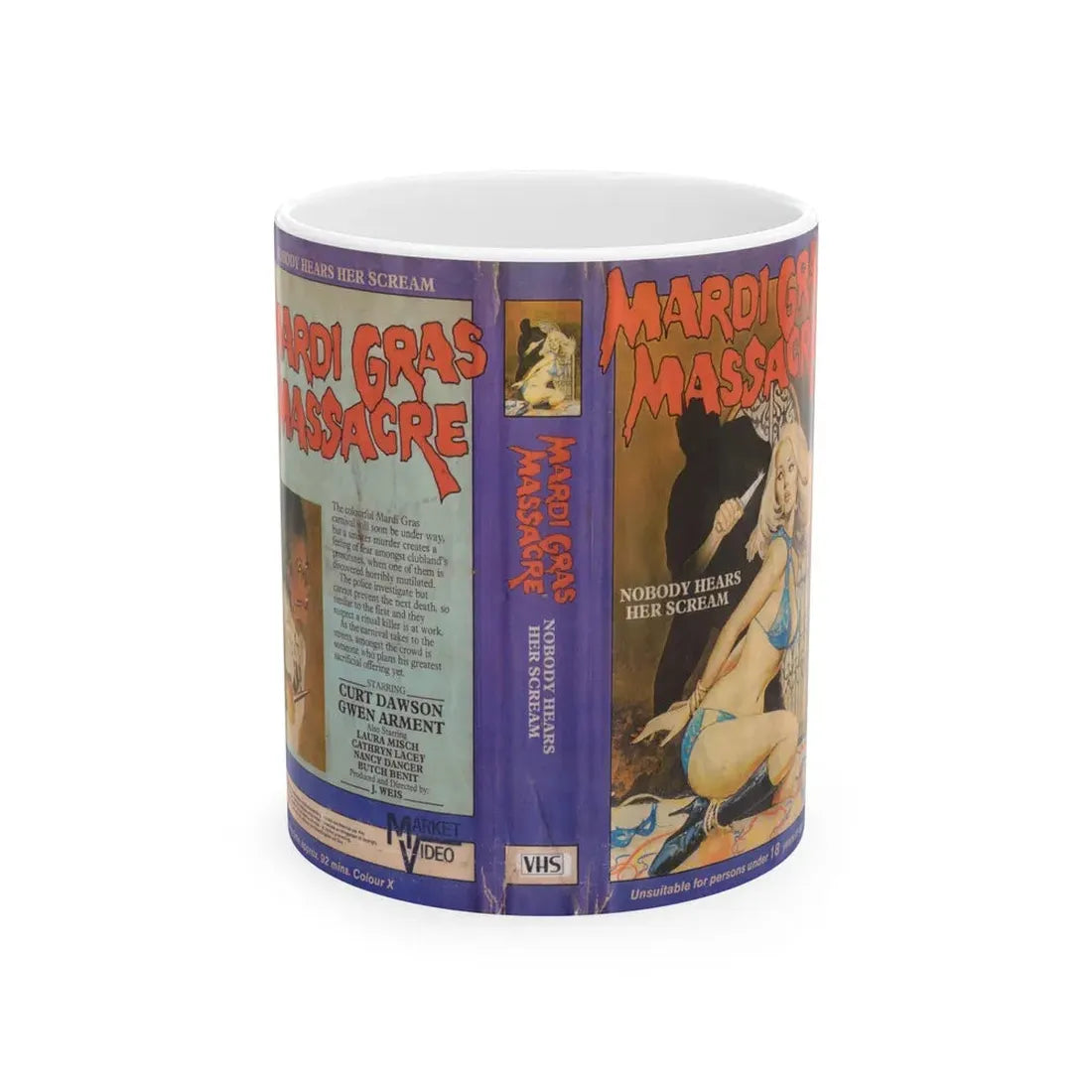 MARDI GRAS MASSACRE MARKET VIDEO (VHS COVER) - White Coffee Mug 11oz - Go Mug Yourself
