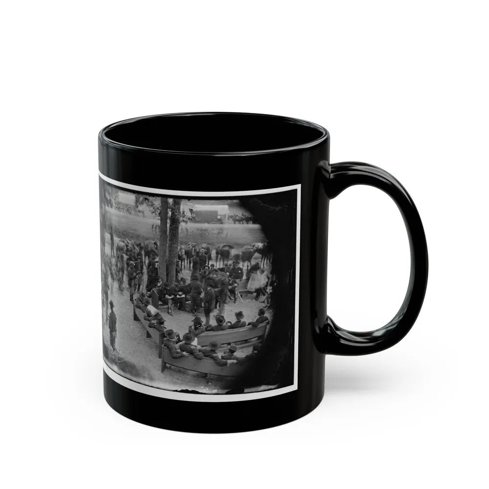 Massaponax Church, Va. Council Of War Gen. Ulysses S. Grant (Left End Of Bench Nearest Tree) Writing A Dispatch (U.S. Civil War) Black Coffee Mug-Go Mug Yourself