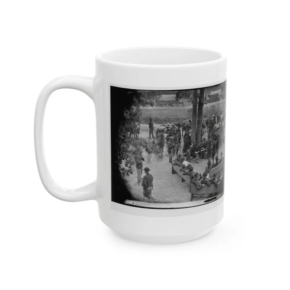 Massaponax Church, Va. Council Of War Gen. Ulysses S. Grant (Left End Of Bench Nearest Tree) Writing A Dispatch (U.S. Civil War) White Coffee Mug-Go Mug Yourself