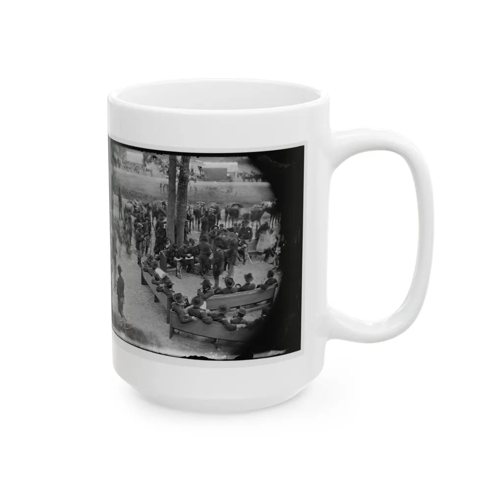 Massaponax Church, Va. Council Of War Gen. Ulysses S. Grant (Left End Of Bench Nearest Tree) Writing A Dispatch (U.S. Civil War) White Coffee Mug-Go Mug Yourself