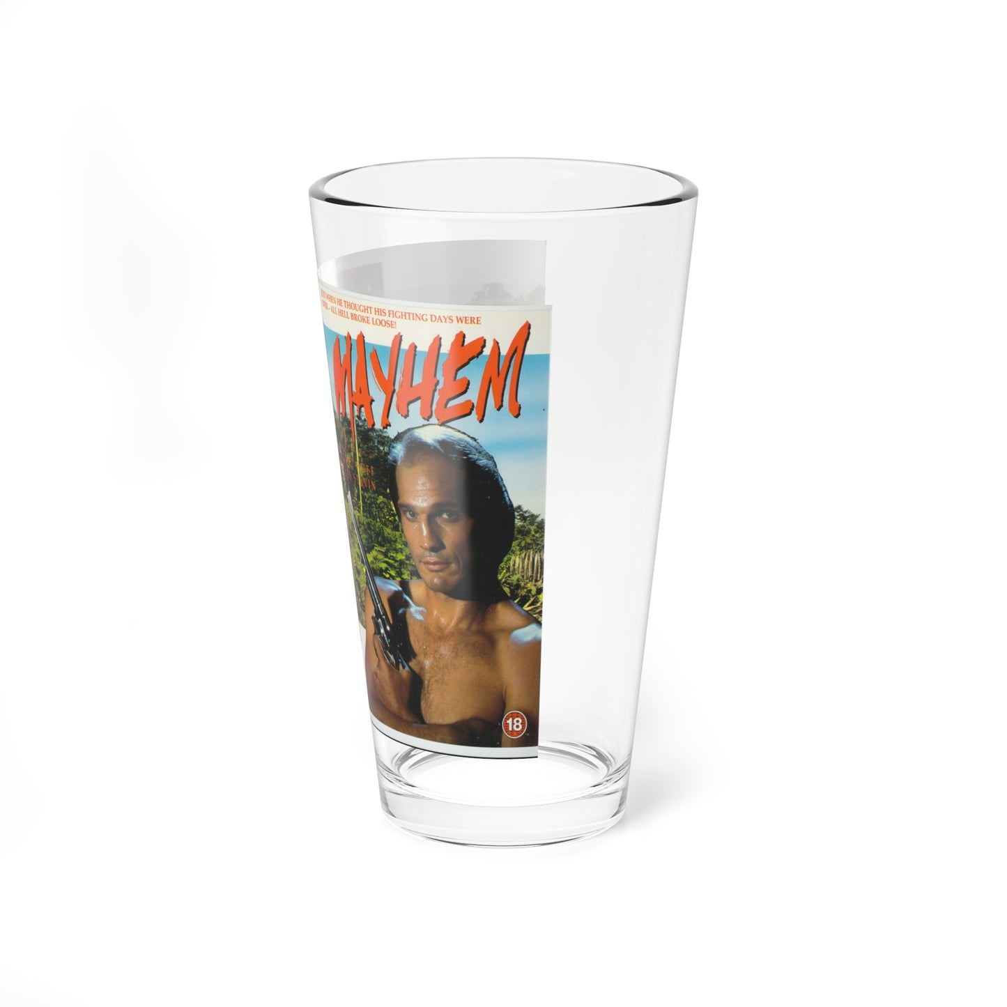 MAYHEM ACTION (VHS COVER) Pint Glass 16oz-Go Mug Yourself