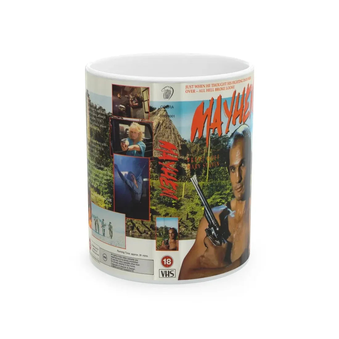 MAYHEM ACTION (VHS COVER) - White Coffee Mug 11oz - Go Mug Yourself