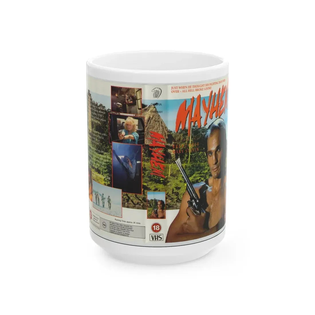 MAYHEM ACTION (VHS COVER) - White Coffee Mug 15oz - Go Mug Yourself