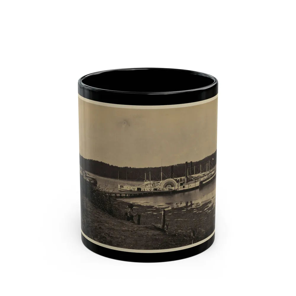 Medical Supply Ships Connecticut And Planter Docked At A Wharf On The Appomattox River (U.S. Civil War) Black Coffee Mug-11oz-Go Mug Yourself