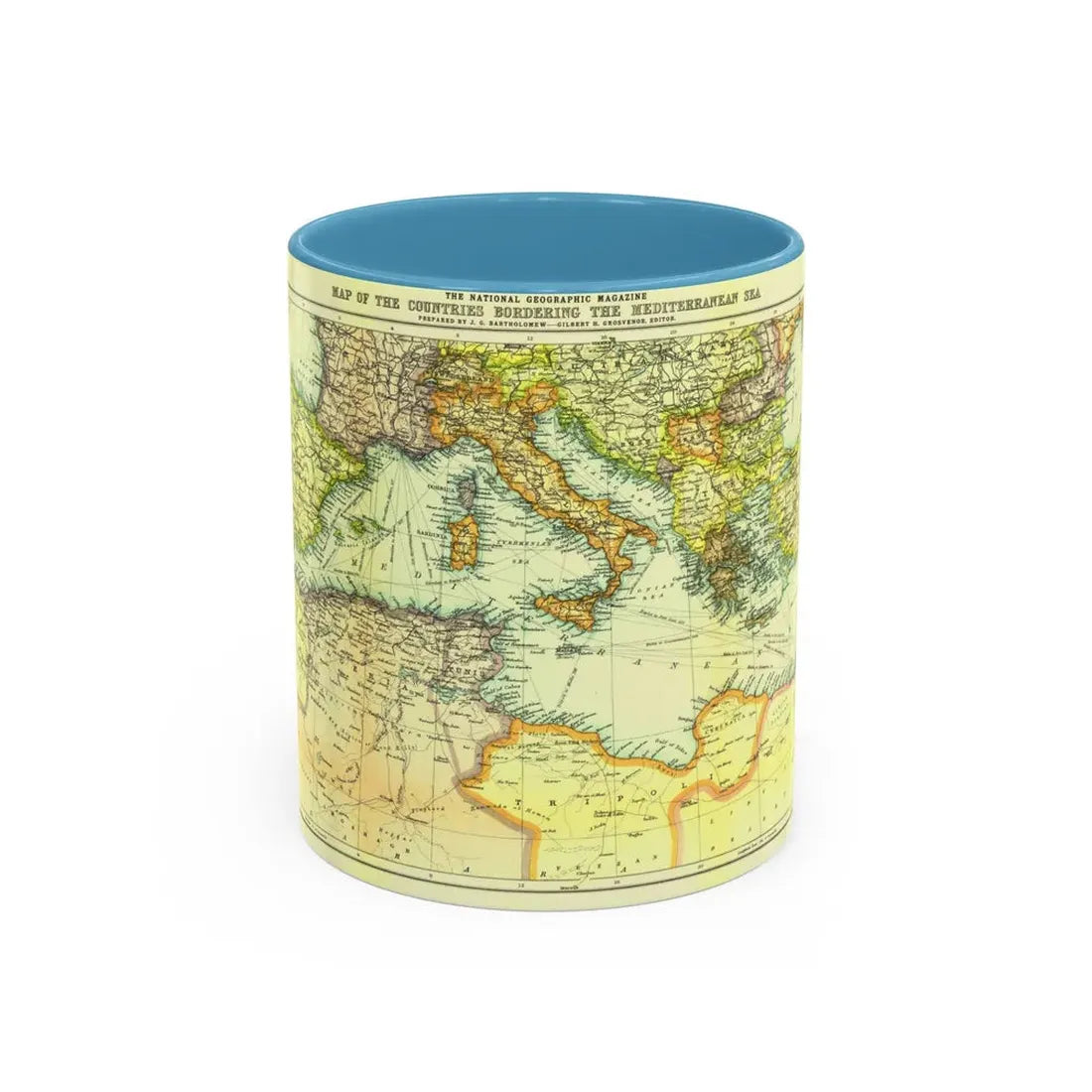 Mediterranean - Countries Bordering the (1912) (Map) Accent Coffee Mug 11oz Light Blue - Go Mug Yourself