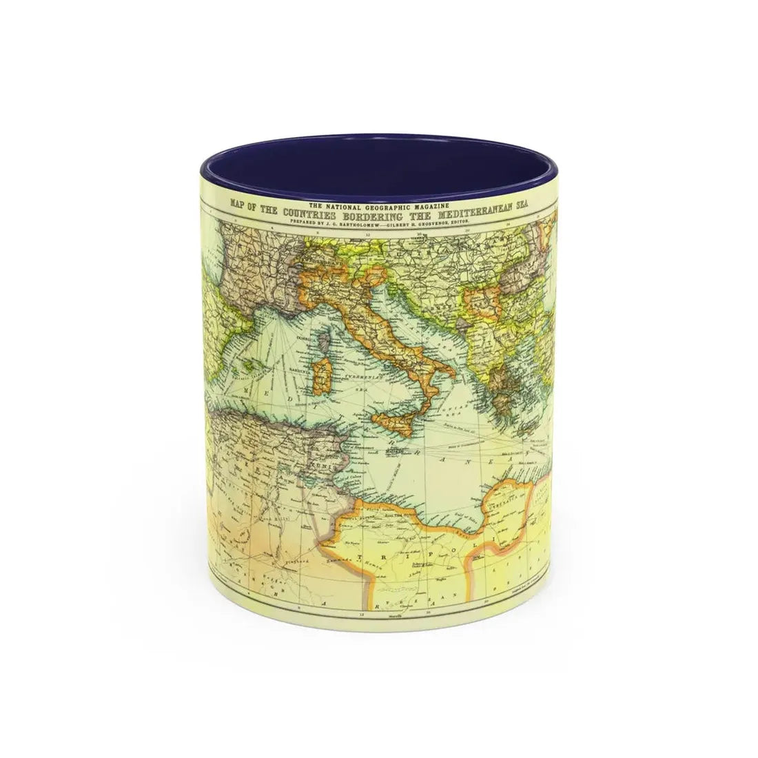 Mediterranean - Countries Bordering the (1912) (Map) Accent Coffee Mug 11oz Navy - Go Mug Yourself