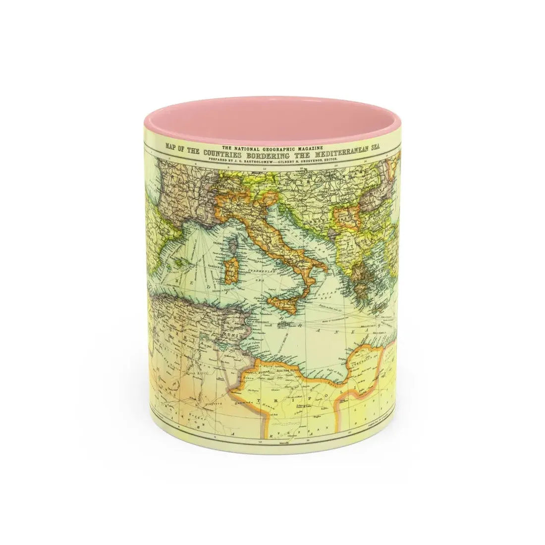 Mediterranean - Countries Bordering the (1912) (Map) Accent Coffee Mug 11oz Pink - Go Mug Yourself