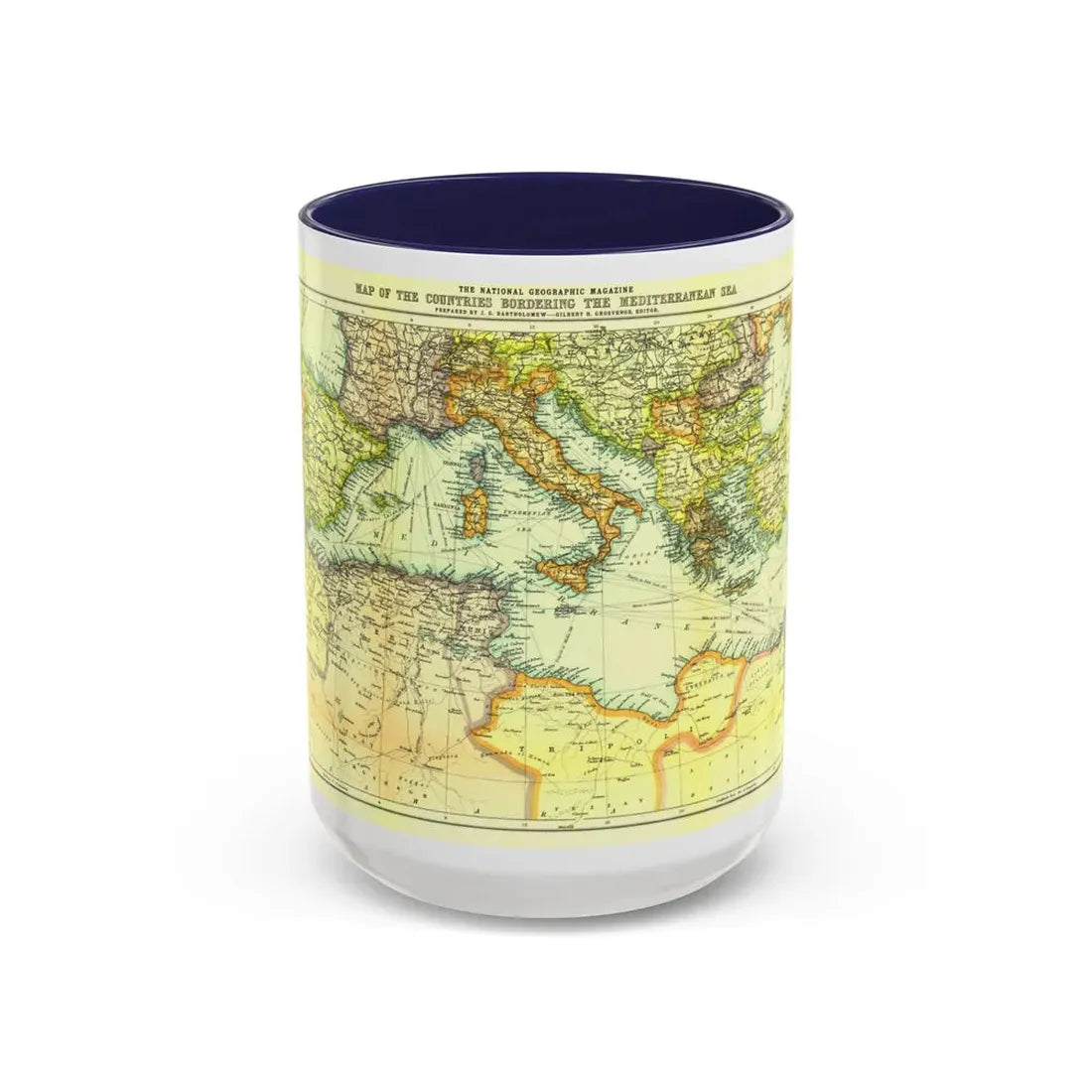 Mediterranean - Countries Bordering the (1912) (Map) Accent Coffee Mug 15oz Navy - Go Mug Yourself