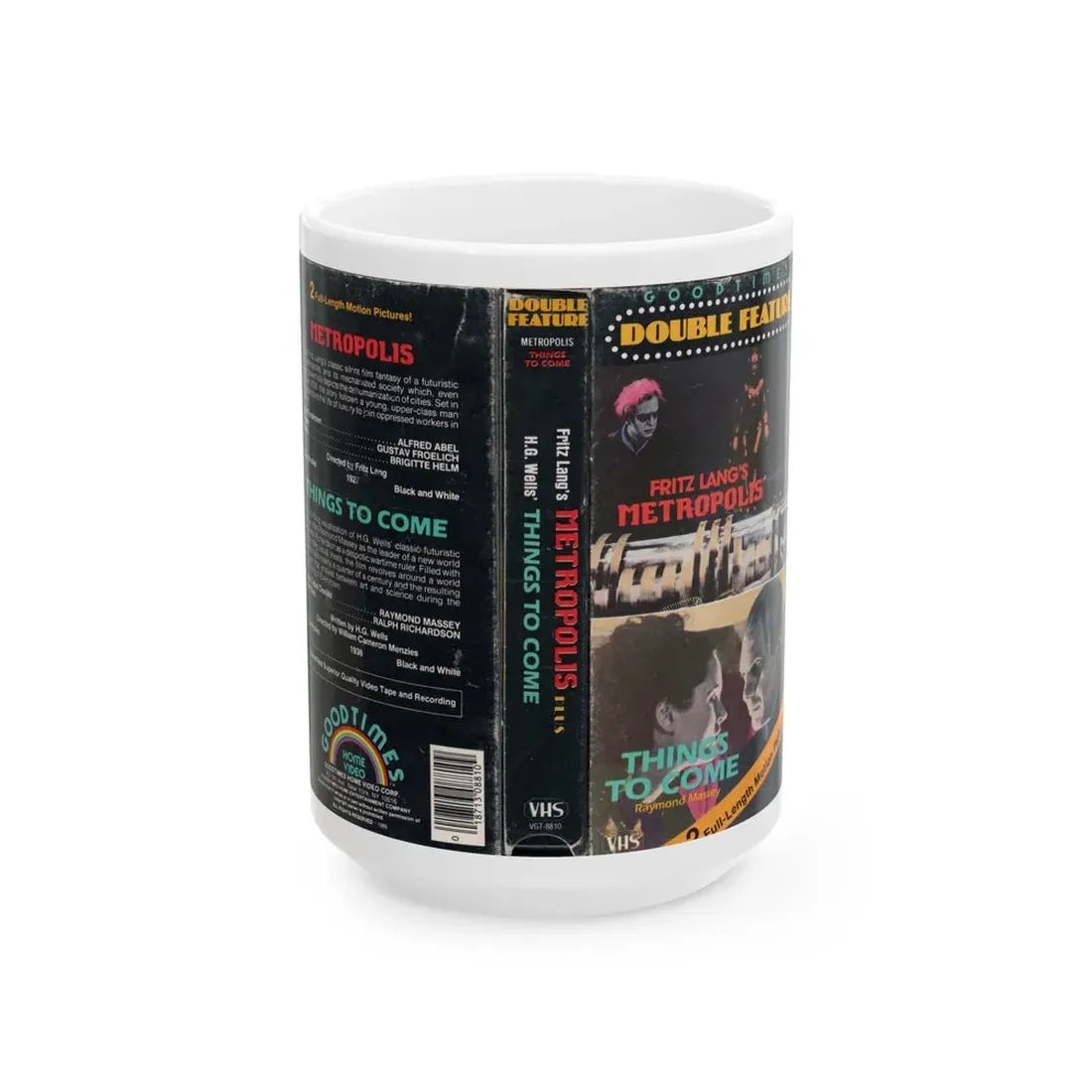 METROPOLIS AND THINGS TO COME GOODTIMES DOUBLE FEATURE (VHS COVER) - White Coffee Mug 15oz - Go Mug Yourself