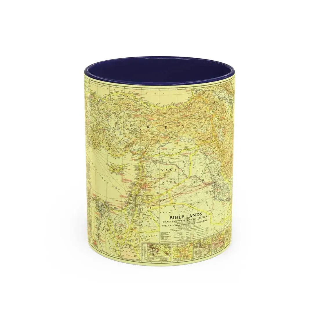Middle East - Bible Lands and the Cradle of Western Civilization (1938) (Map) Accent Coffee Mug 11oz Navy - Go Mug Yourself