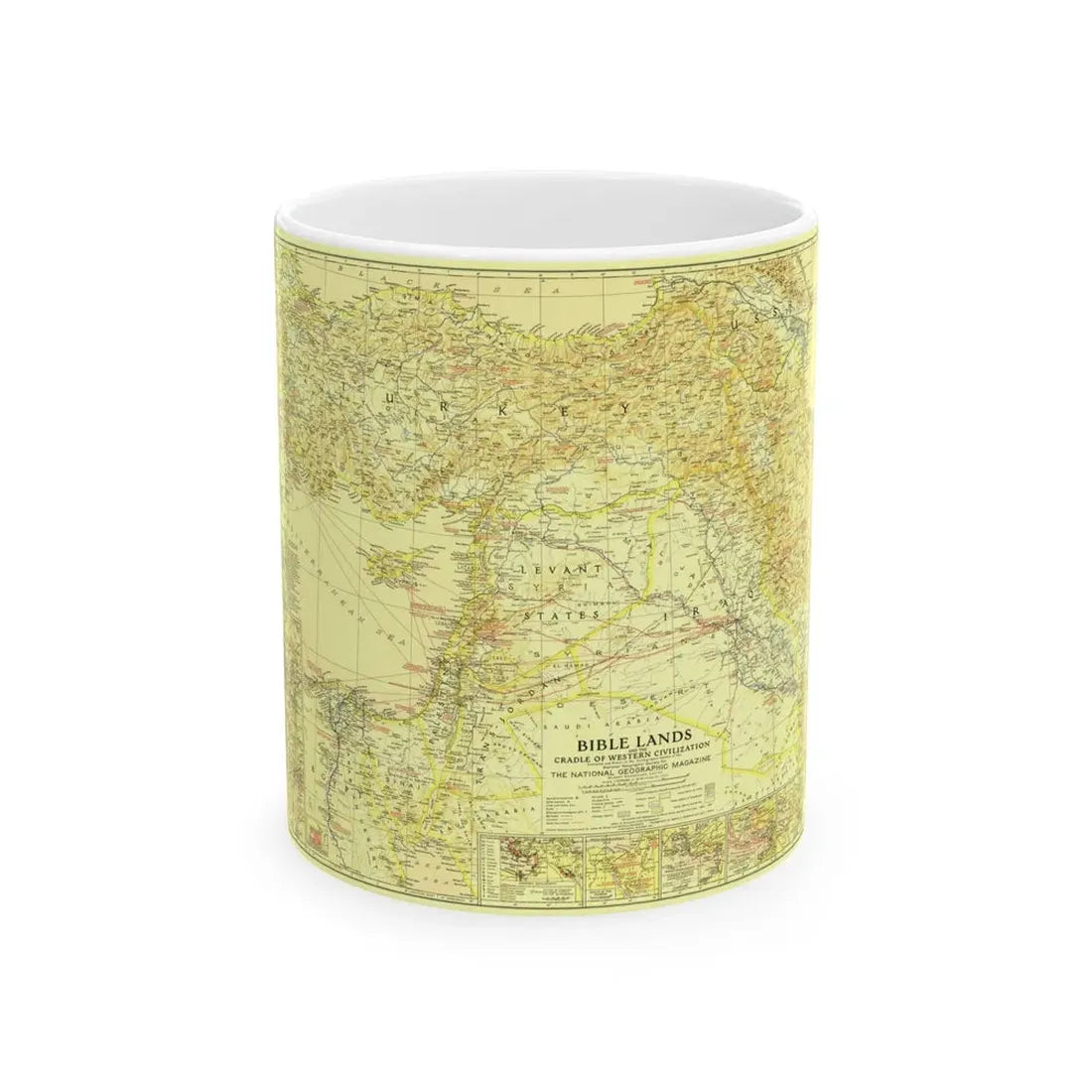 Middle East - Bible Lands and the Cradle of Western Civilization (1938) (Map) White Coffee Mug 11oz - Go Mug Yourself