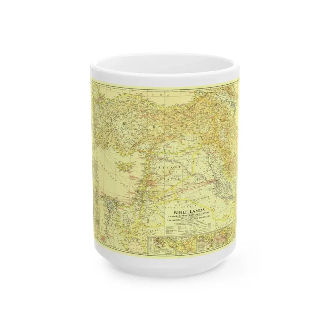 Middle East - Bible Lands and the Cradle of Western Civilization (1938) (Map) White Coffee Mug 15oz - Go Mug Yourself