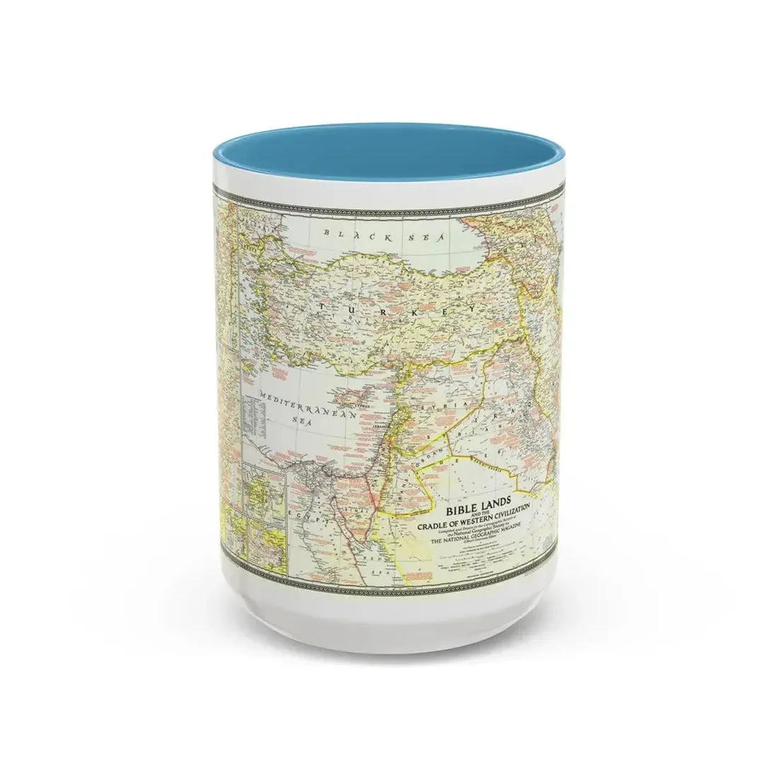 Middle East - Bible Lands and the Cradle of Western Civilization (1946) (Map) Accent Coffee Mug 15oz Light Blue - Go Mug Yourself
