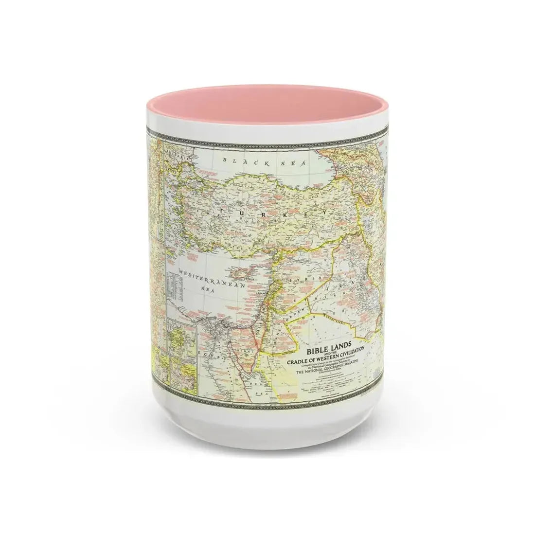Middle East - Bible Lands and the Cradle of Western Civilization (1946) (Map) Accent Coffee Mug 15oz Pink - Go Mug Yourself
