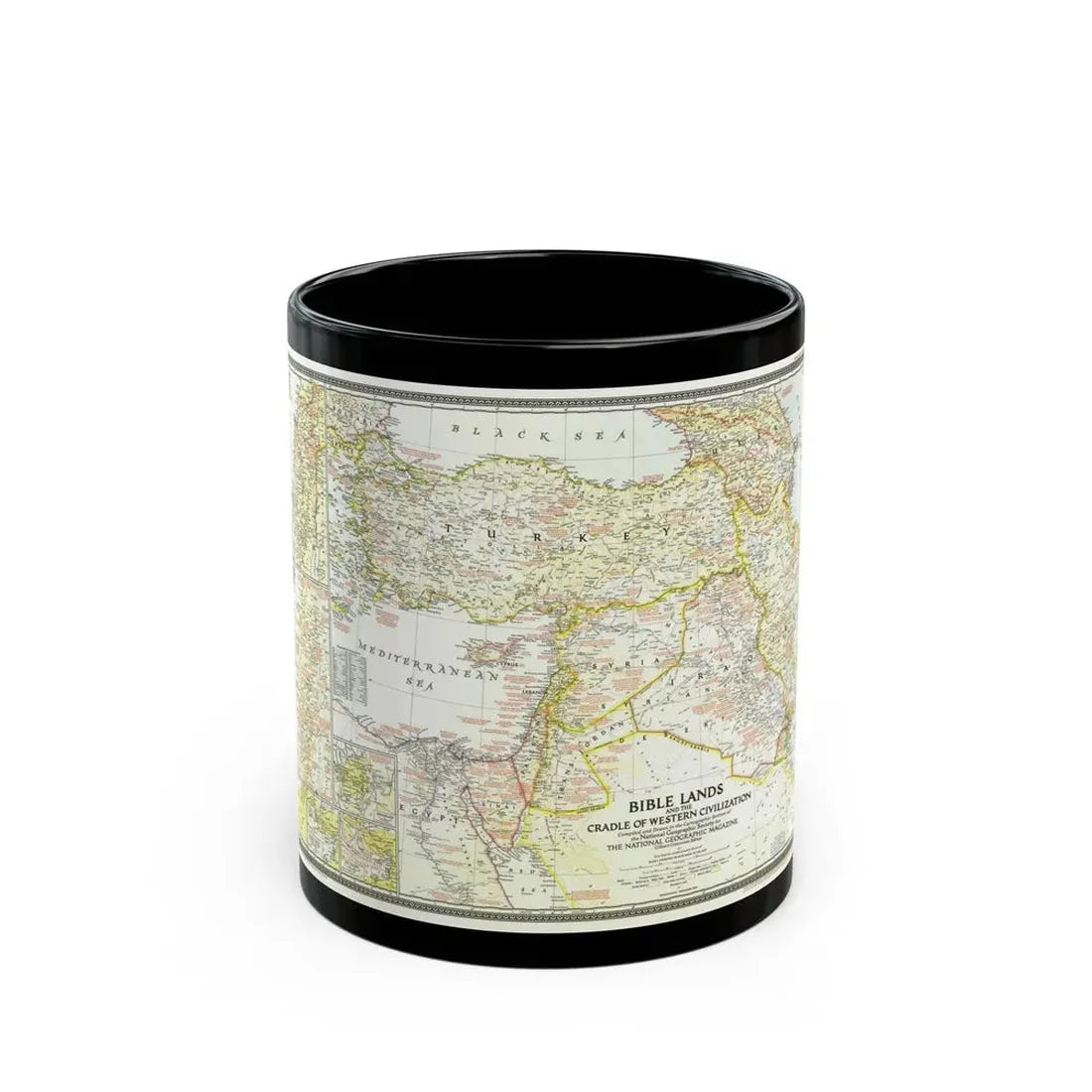 Middle East - Bible Lands and the Cradle of Western Civilization (1946) (Map) Black Coffee Mug 11oz - Go Mug Yourself