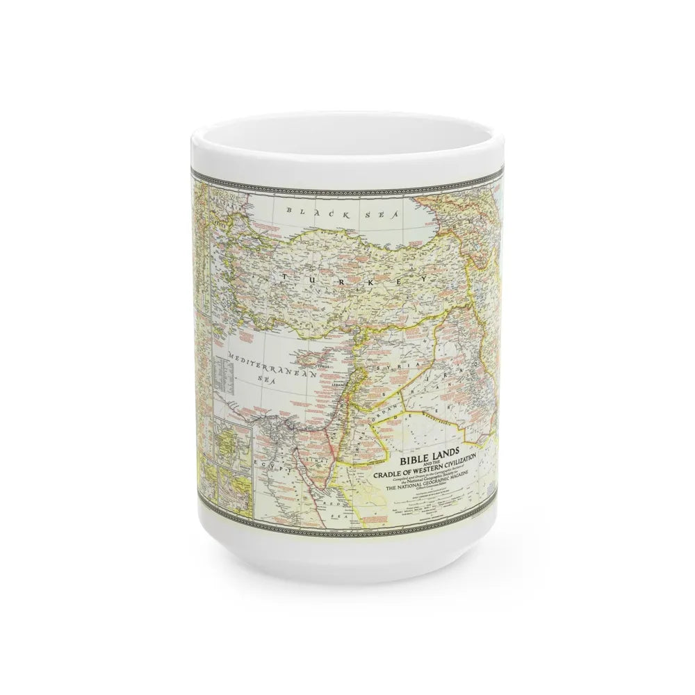 Middle East - Bible Lands and the Cradle of Western Civilization (1946) (Map) White Coffee Mug-15oz-Go Mug Yourself