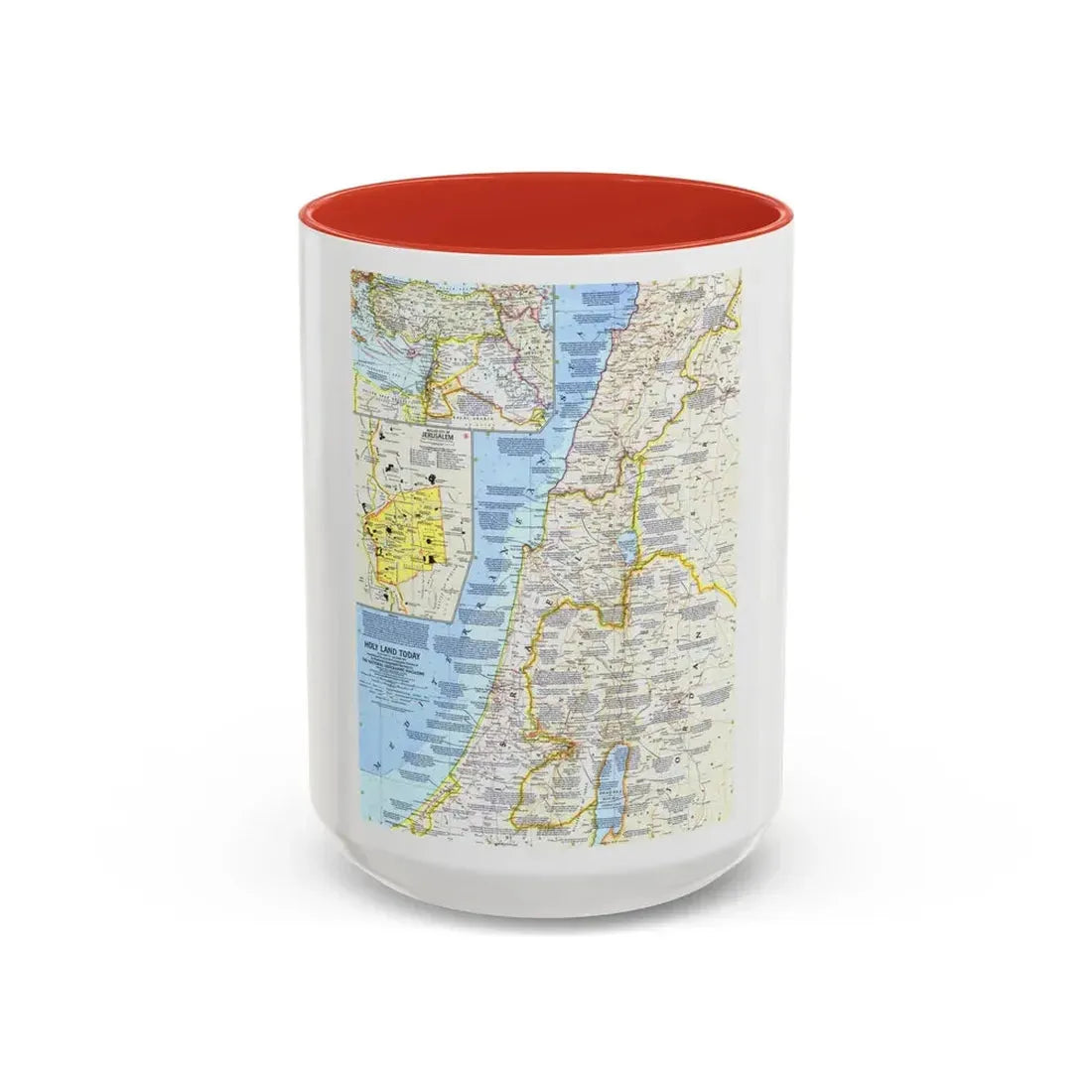 Middle East - Holy Land Today (1963) (Map) Accent Coffee Mug 15oz Red - Go Mug Yourself