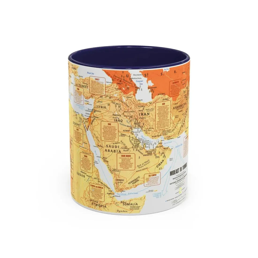 Middle East in Turmoil (1980) (Map) Accent Coffee Mug 11oz Navy - Go Mug Yourself