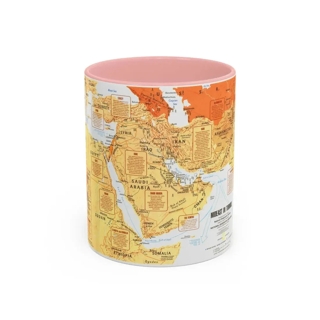 Middle East in Turmoil (1980) (Map) Accent Coffee Mug 11oz Pink - Go Mug Yourself