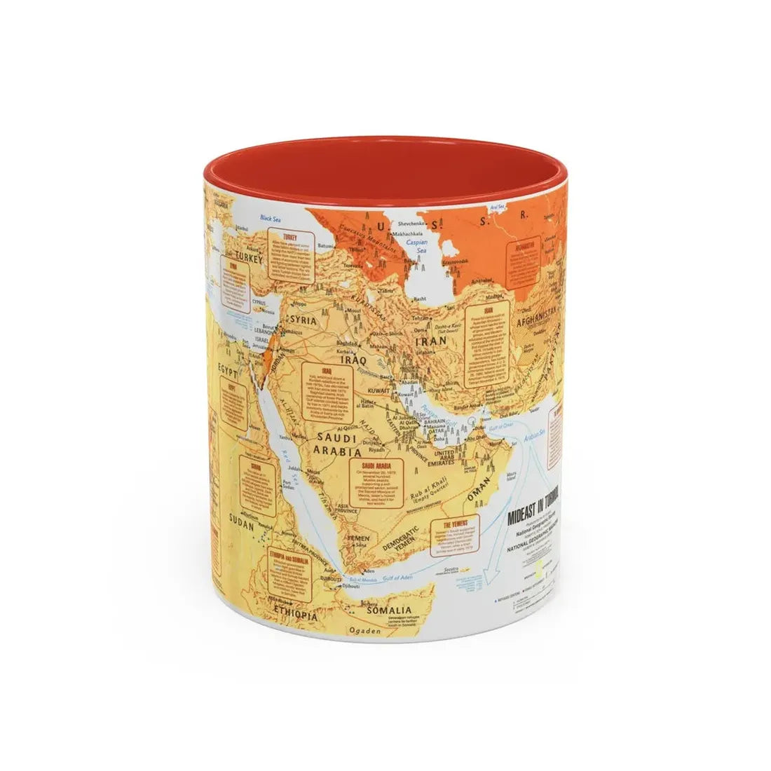 Middle East in Turmoil (1980) (Map) Accent Coffee Mug 11oz Red - Go Mug Yourself