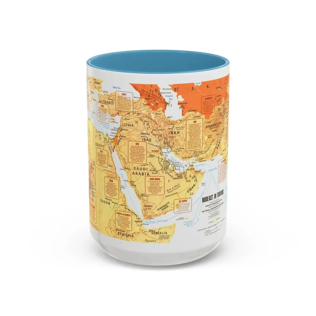 Middle East in Turmoil (1980) (Map) Accent Coffee Mug 15oz Light Blue - Go Mug Yourself