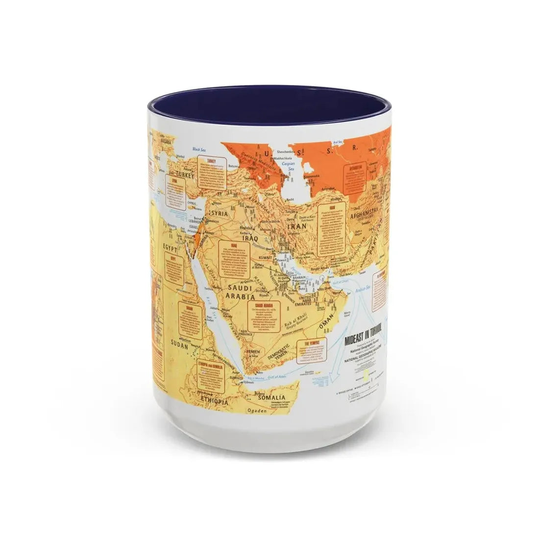 Middle East in Turmoil (1980) (Map) Accent Coffee Mug 15oz Navy - Go Mug Yourself