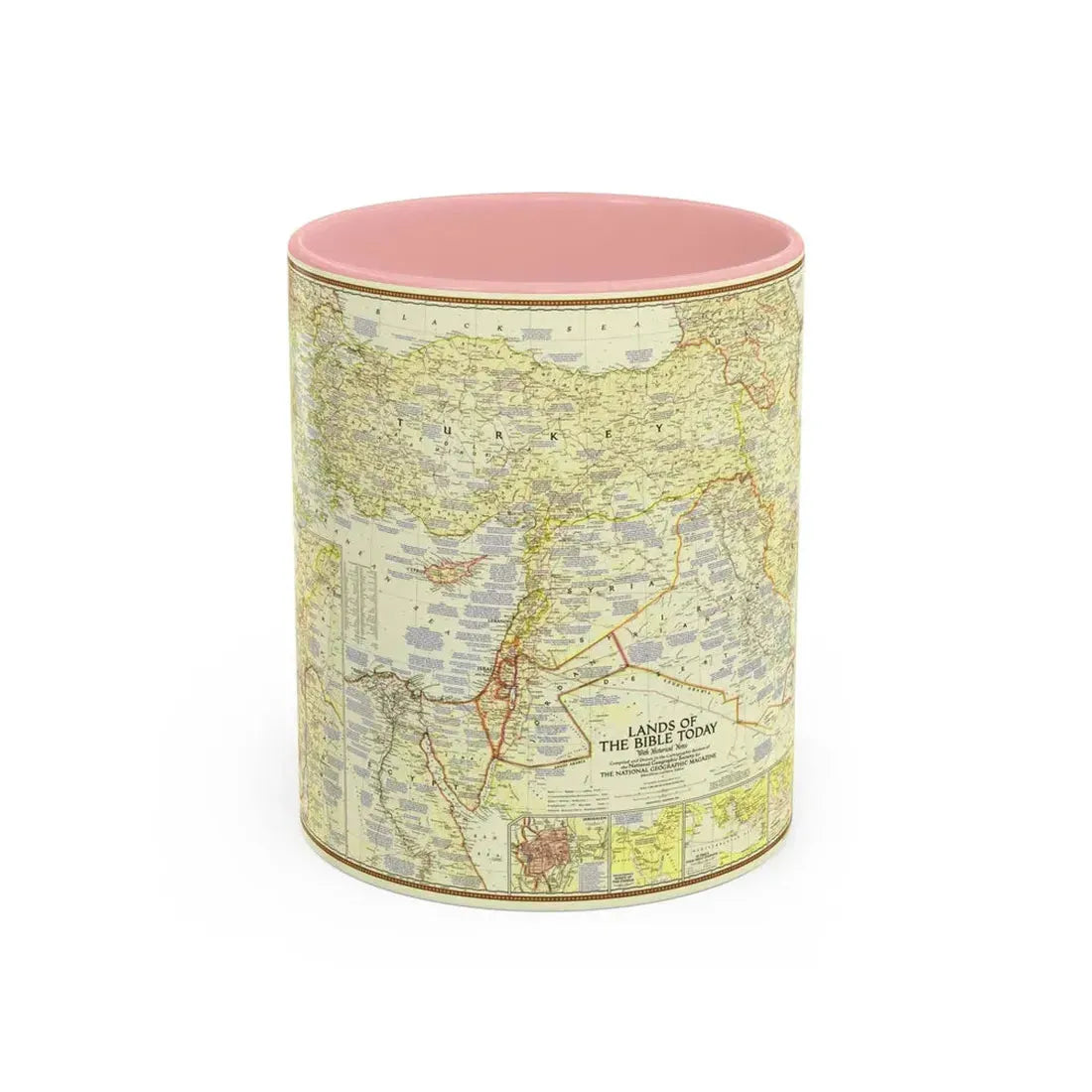 Middle East - Lands of the Bible Today (1956) (Map) Accent Coffee Mug 11oz Pink - Go Mug Yourself