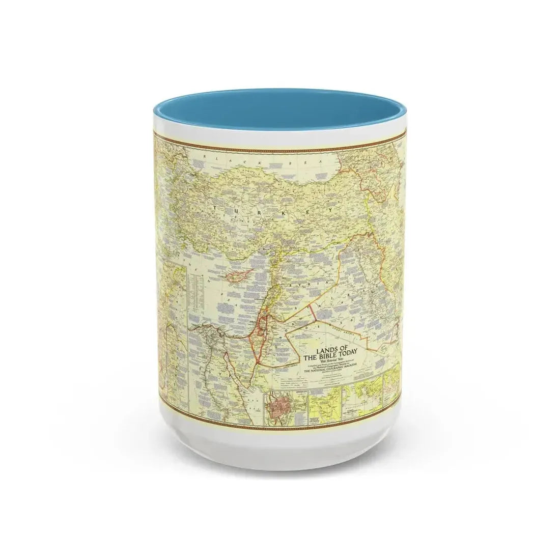 Middle East - Lands of the Bible Today (1956) (Map) Accent Coffee Mug 15oz Light Blue - Go Mug Yourself