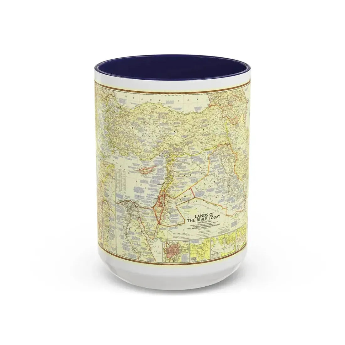Middle East - Lands of the Bible Today (1956) (Map) Accent Coffee Mug 15oz Navy - Go Mug Yourself
