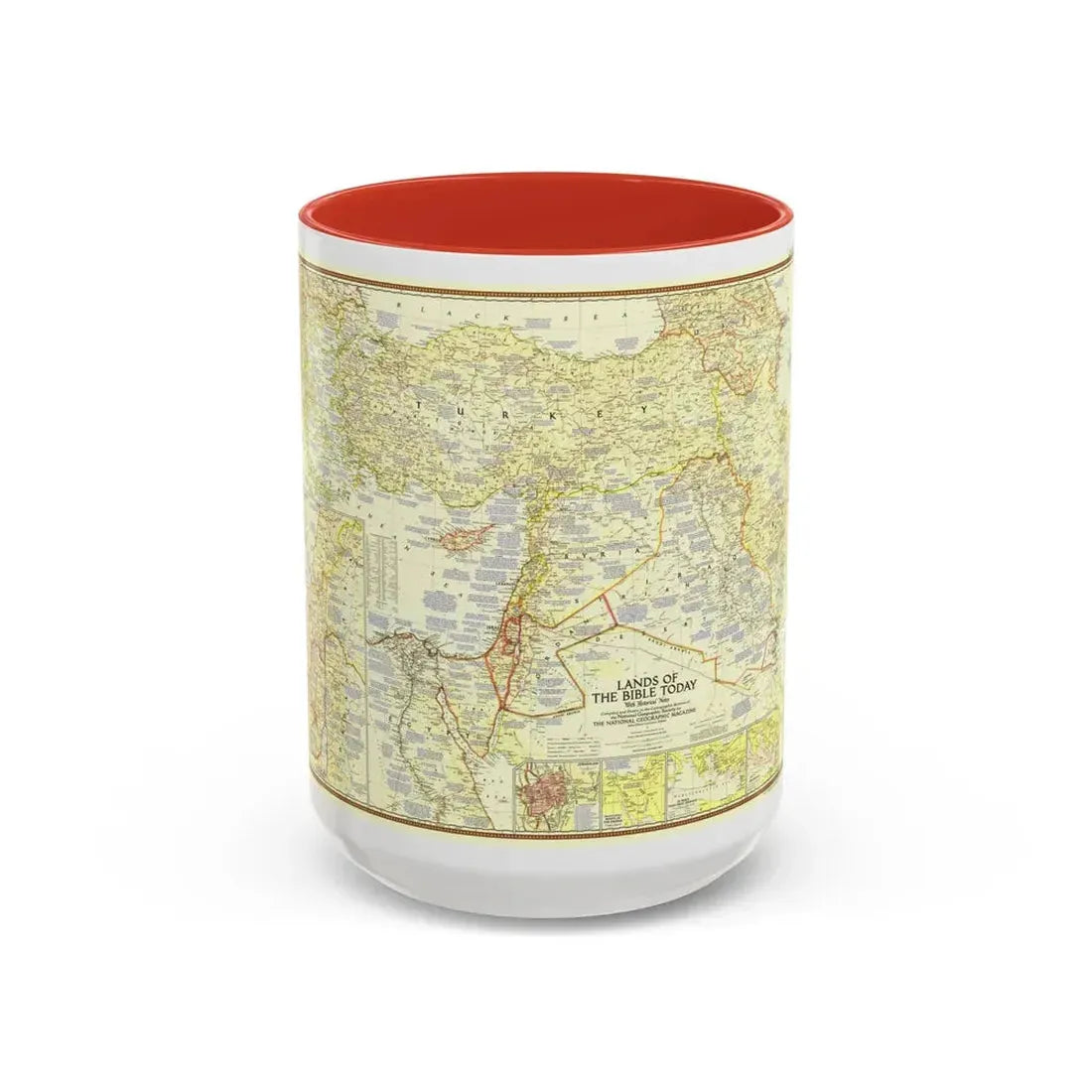 Middle East - Lands of the Bible Today (1956) (Map) Accent Coffee Mug 15oz Red - Go Mug Yourself