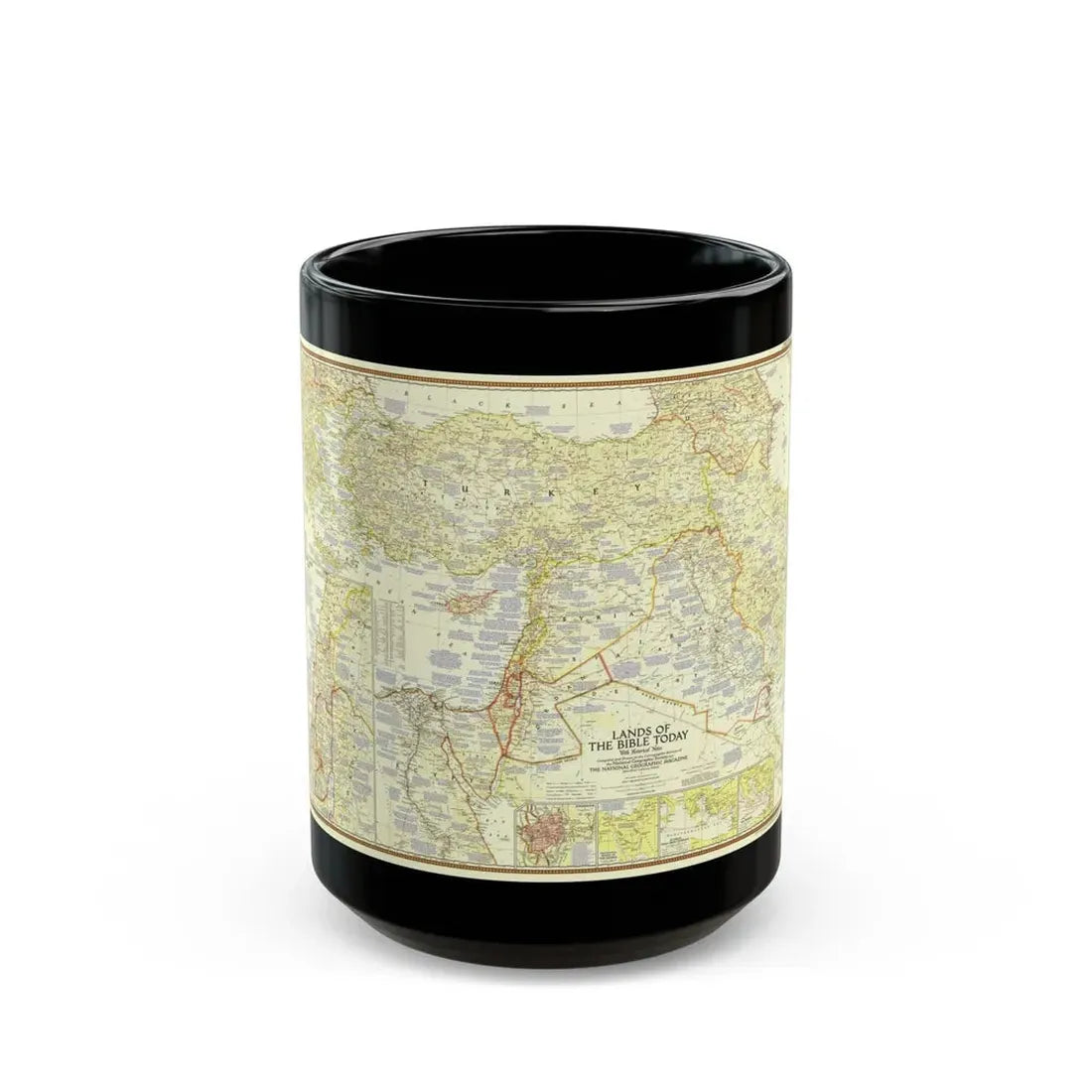 Middle East - Lands of the Bible Today (1956) (Map) Black Coffee Mug 15oz - Go Mug Yourself