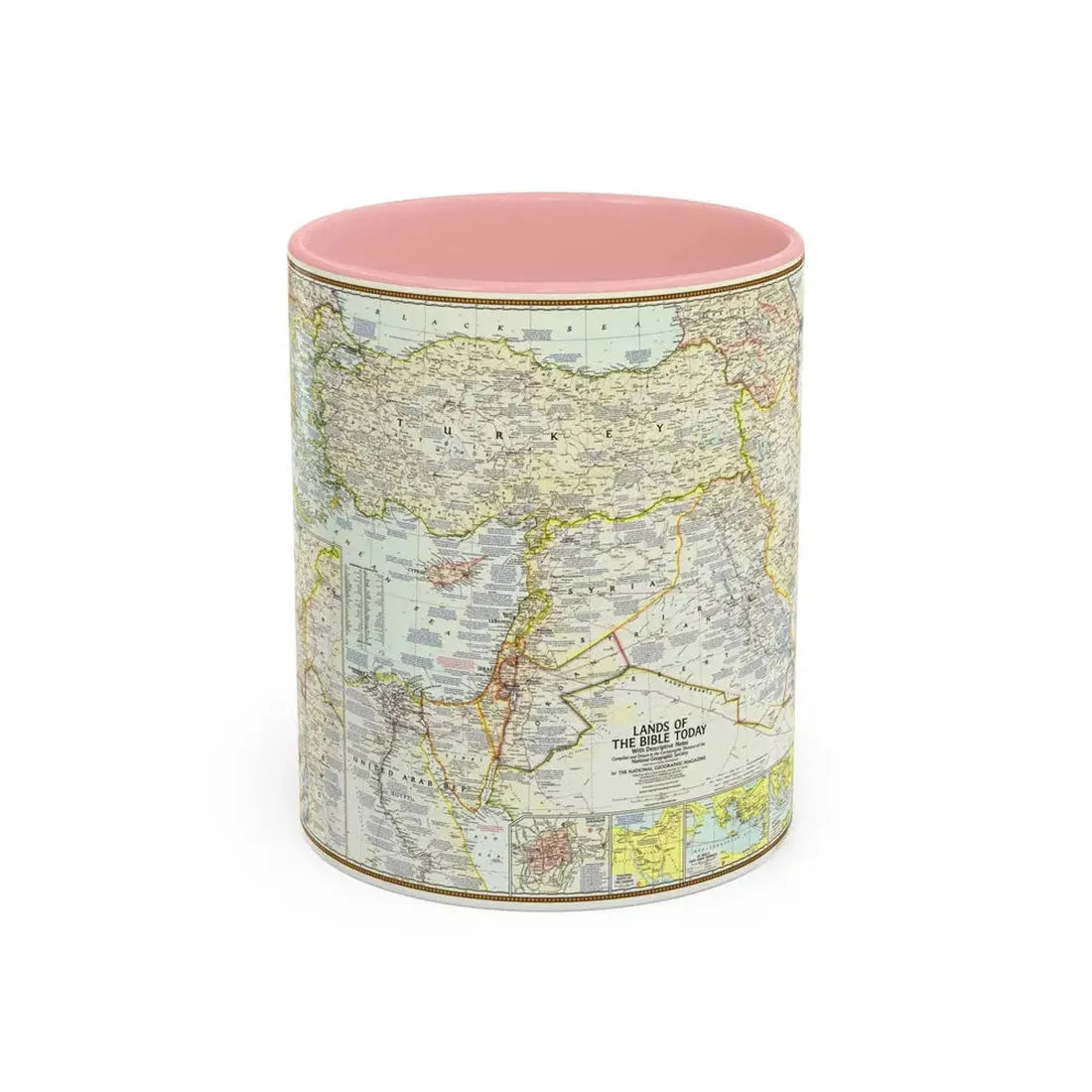 Middle East - Lands of the Bible Today (1967) (Map) Accent Coffee Mug 11oz Pink - Go Mug Yourself