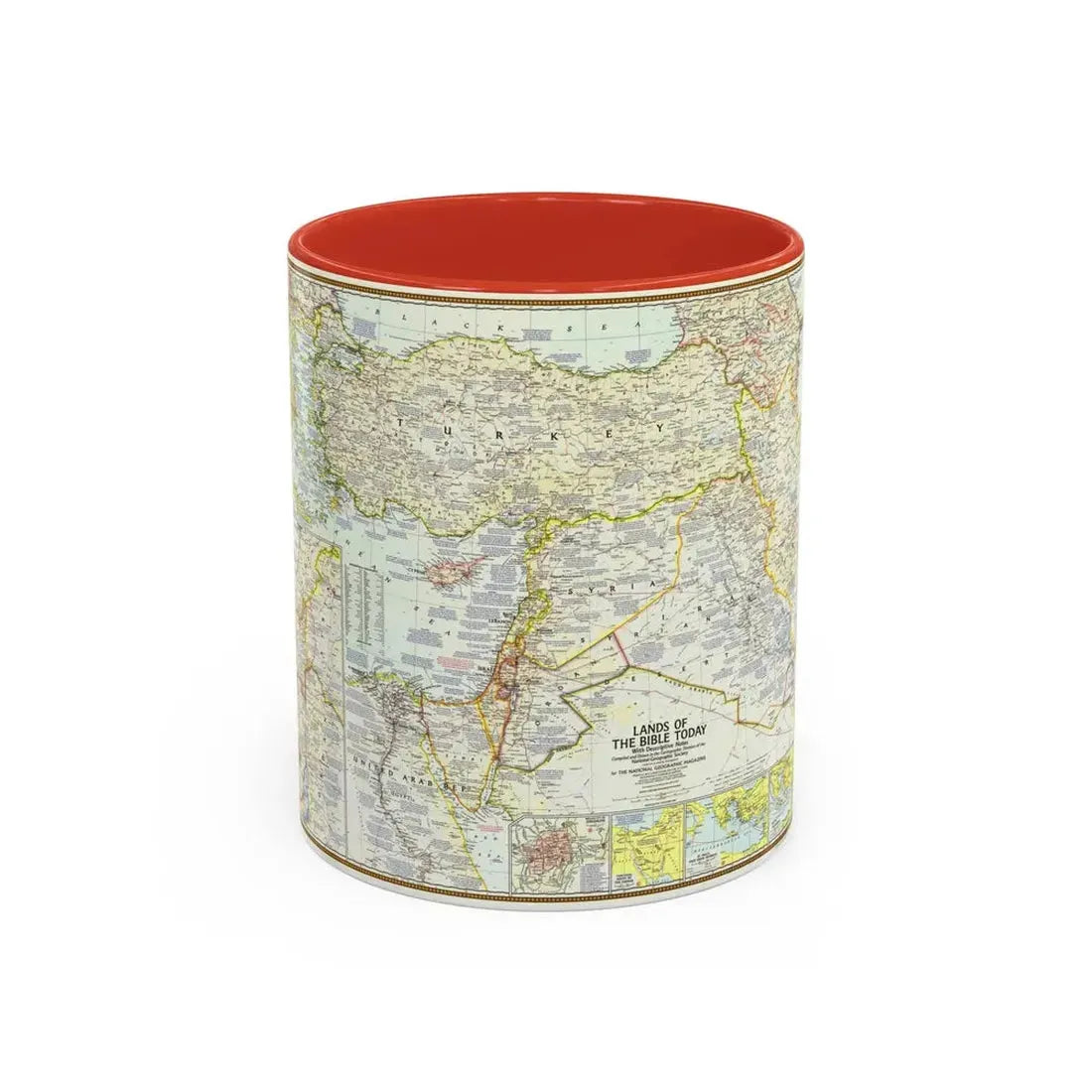 Middle East - Lands of the Bible Today (1967) (Map) Accent Coffee Mug 11oz Red - Go Mug Yourself