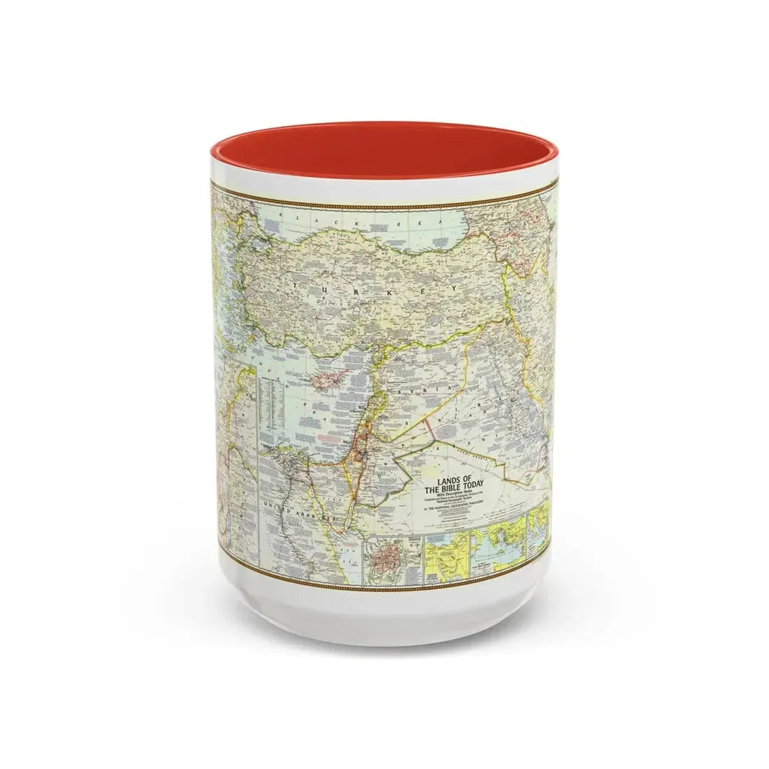 Middle East - Lands of the Bible Today (1967) (Map) Accent Coffee Mug 15oz Red - Go Mug Yourself