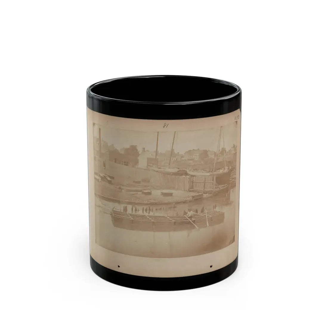 Military Construction In Northern Virginia  Man Rowing Raft Of Blanket Boats On The Potomac River (U.S. Civil War) Black Coffee Mug 11oz - Go Mug Yourself