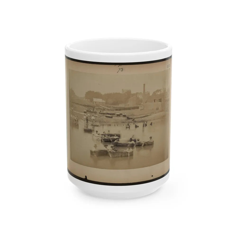 Military Construction In Northern Virginia Men Sitting In Blanket Boats On The Potomac River (U.S. Civil War) White Coffee Mug-15oz-Go Mug Yourself