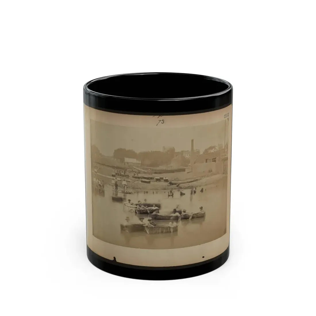 Military Construction In Northern Virginia  Men Sitting In Blanket Boats On The Potomac River (U.S. Civil War) Black Coffee Mug 11oz - Go Mug Yourself