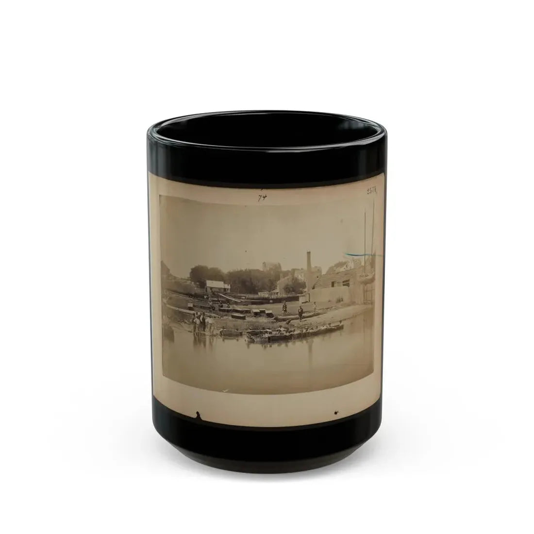 Military Construction In Northern Virginia  Men Sitting In Blanket Boats Strapped Together On The Potomac River (U.S. Civil War) Black Coffee Mug 15oz - Go Mug Yourself