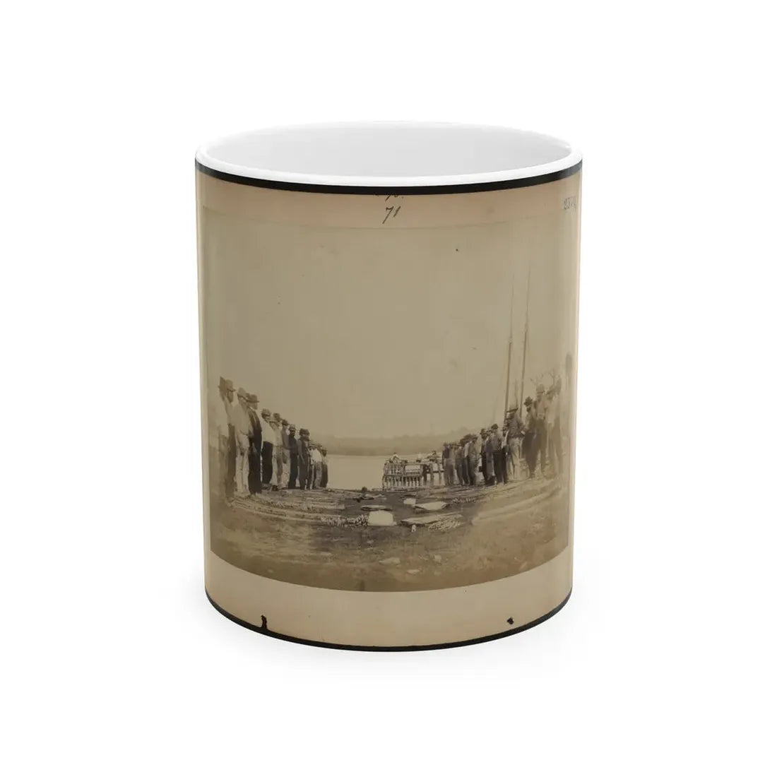 Military Construction In Northern Virginia  Men Standing On Potomac River Bank With Blanket Boat Frames Not Yet Assembled (U.S. Civil War) White Coffee Mug 11oz - Go Mug Yourself